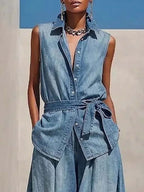Women's Casual Art Comfortable Loose Top And Wide-leg Pants Denim Two-piece Set