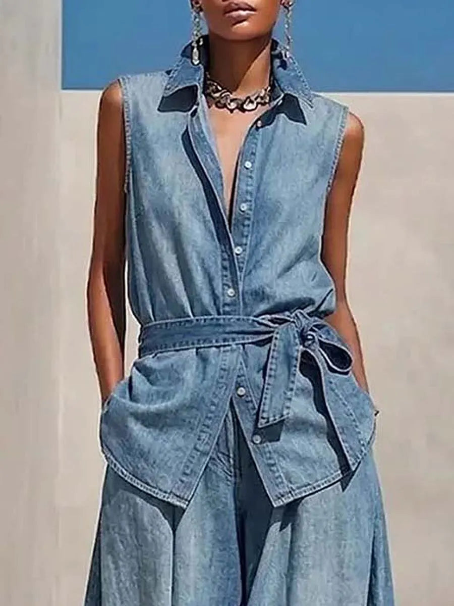 Women's Casual Art Comfortable Loose Top And Wide-leg Pants Denim Two-piece Set