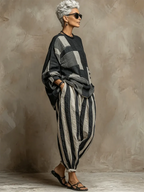 Artistic Stripe Print Cotton-linen Two-piece Set