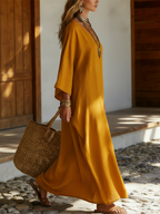 Elegant V-neck Linen-cotton Kaftan Dress