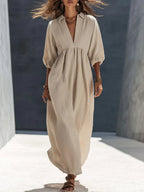 Women's V-neck Mid-sleeve Cotton And Linen Dress
