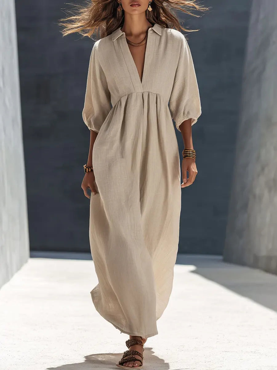 Women's V-neck Mid-sleeve Cotton And Linen Dress
