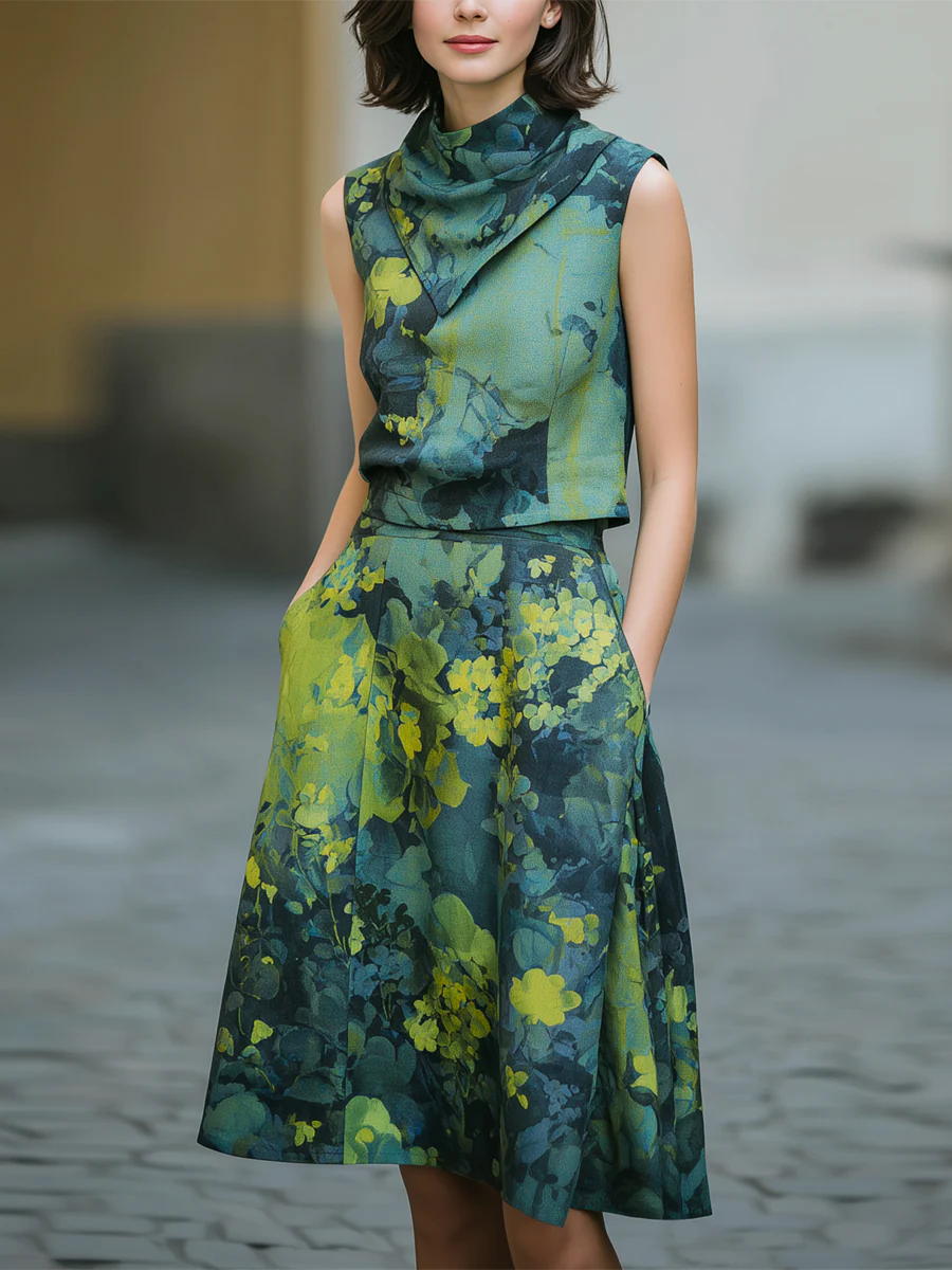 Elegant Floral Print Shirt And Skirt Two-piece Set