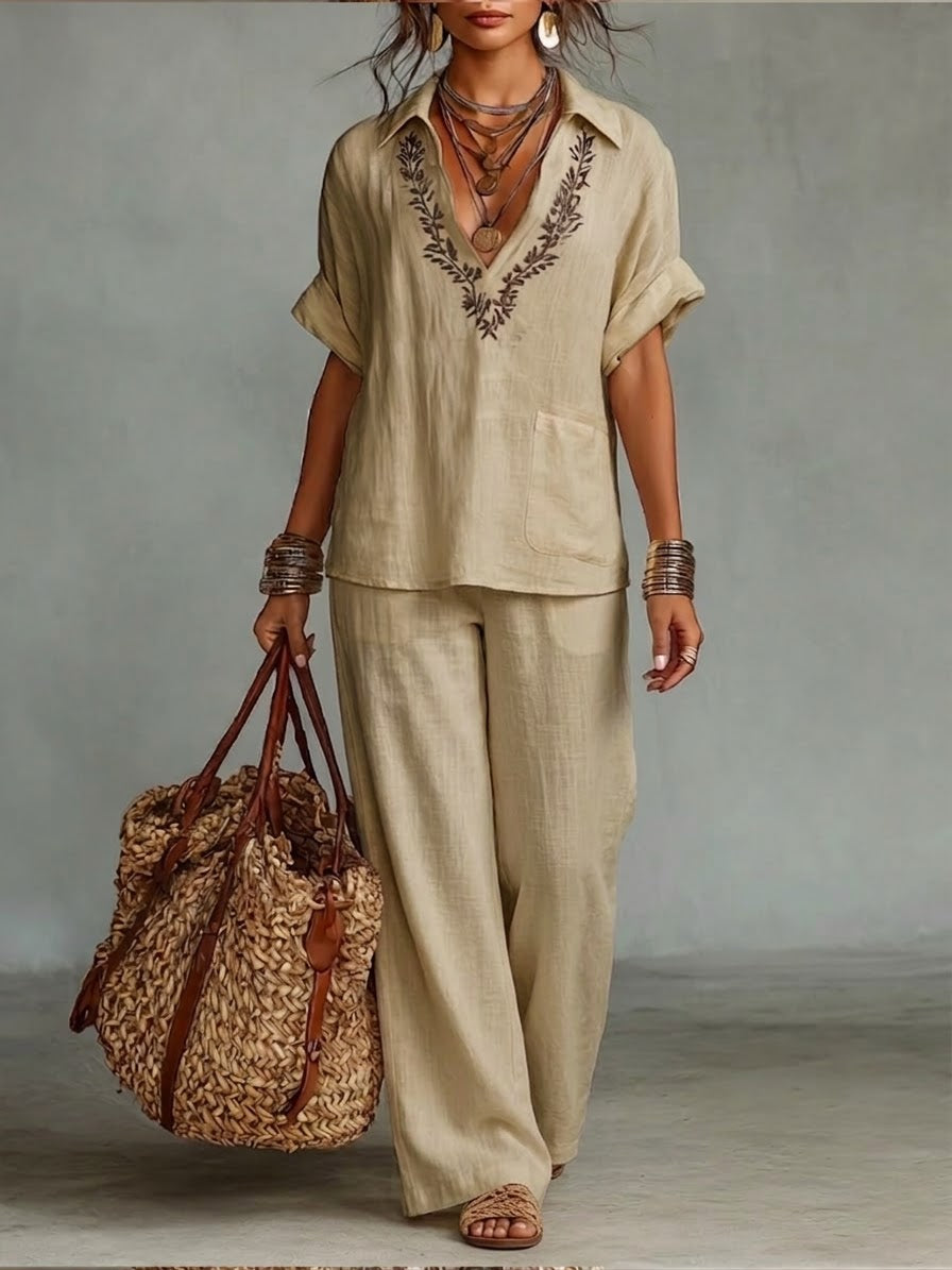Casual Linen And Cotton Shirt And Trousers Two-piece Set