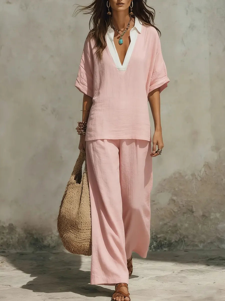 Women's Simple V-neck Cotton And Linen Set