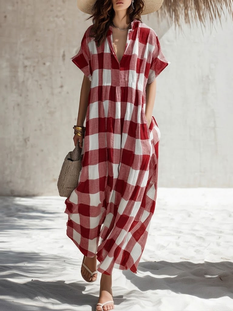 Casual Linen And Cotton Plaid Dress