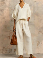 Women's Minimalist Casual Cotton-linen V-neck Set