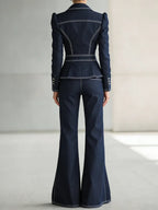 Women's Casual Denim Blazer And Wide-leg Pants Set