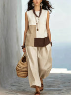Women's Geometric Color-block Sleeveless Cotton-linen Set