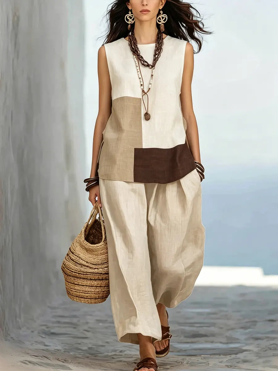 Women's Geometric Color-block Sleeveless Cotton-linen Set