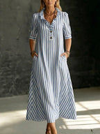 Elegant Ruffled-collar Striped Cotton-linen Dress