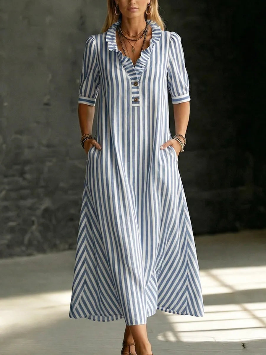 Elegant Ruffled-collar Striped Cotton-linen Dress