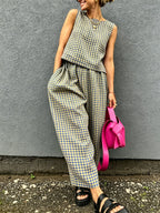 Retro Plaid Sleeveless Top& Wide-leg Pants Two-piece Set