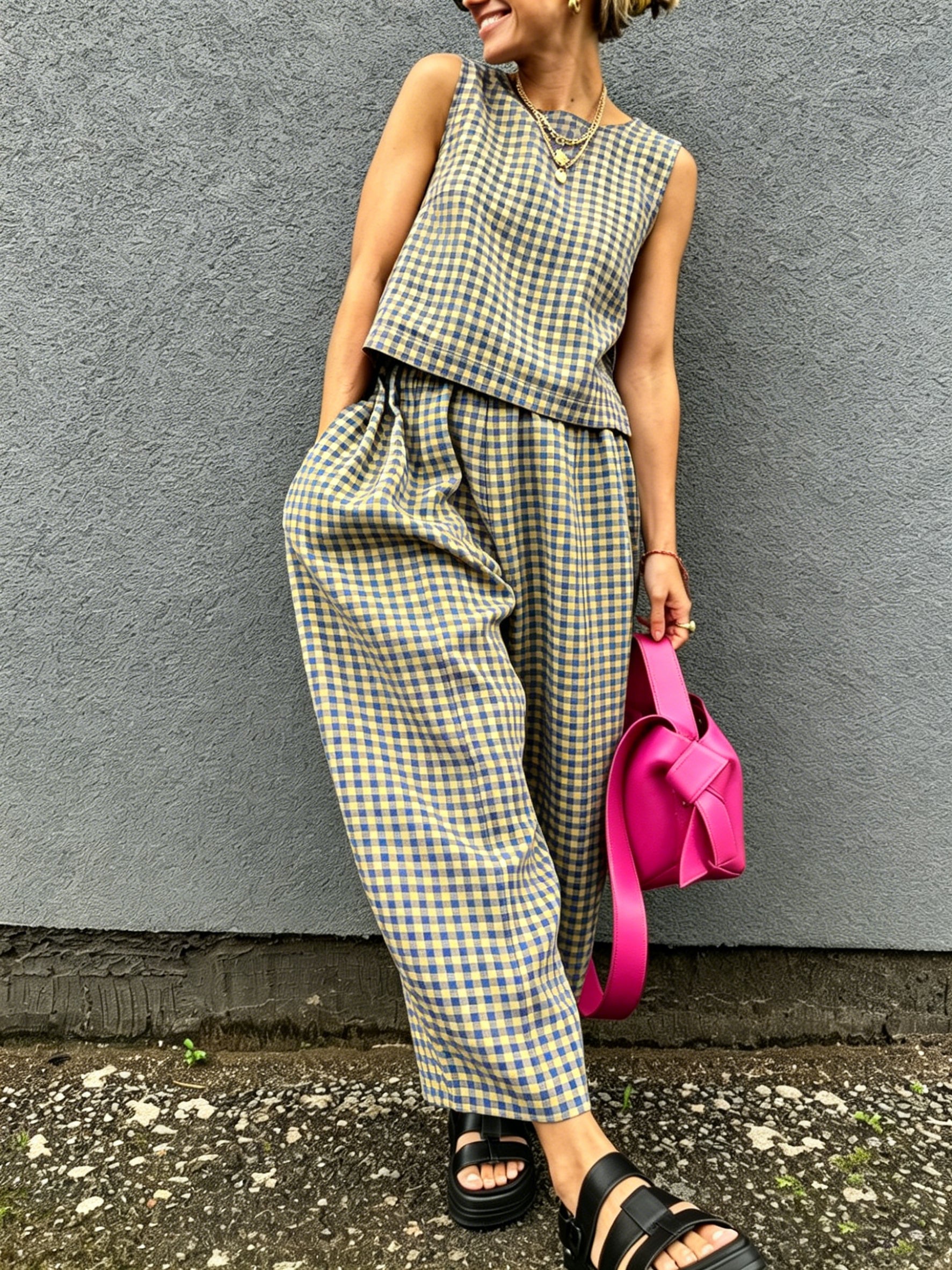 Retro Plaid Sleeveless Top& Wide-leg Pants Two-piece Set
