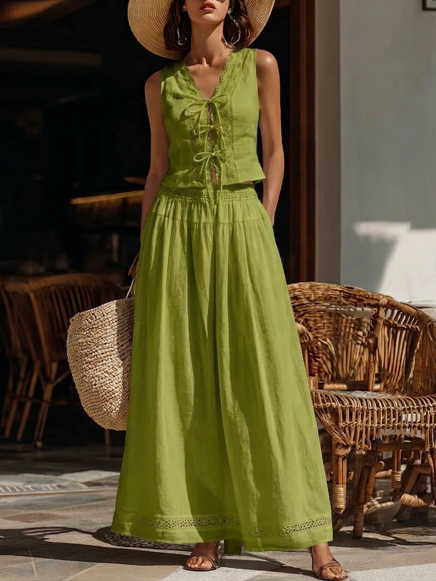 French-style Patchwork Lace-trimmed Cotton Top And Skirt Two-piece Set