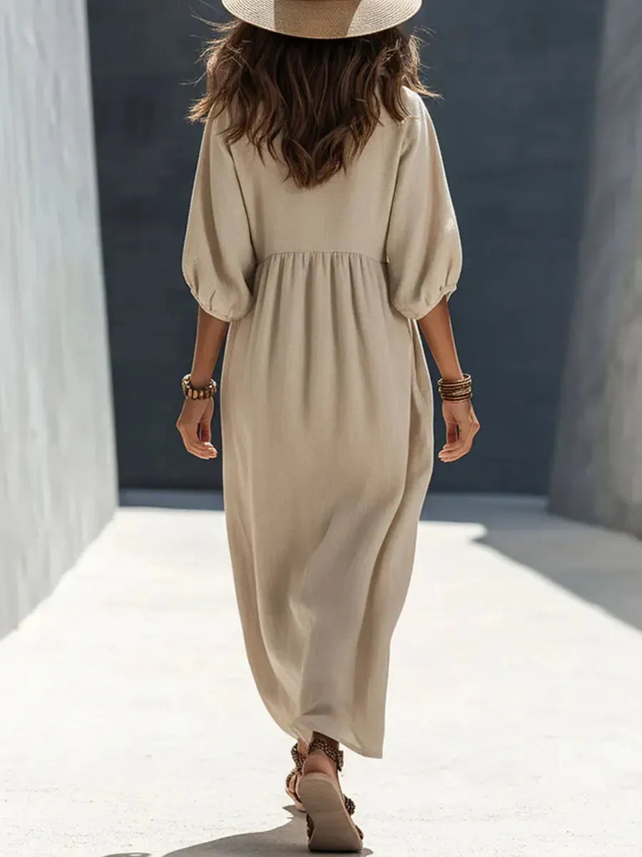 Women's V-neck Mid-sleeve Cotton And Linen Dress