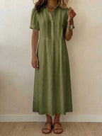 Women's Solid-color Short-sleeve Pleated Cotton-linen Dress With Shirt Collar