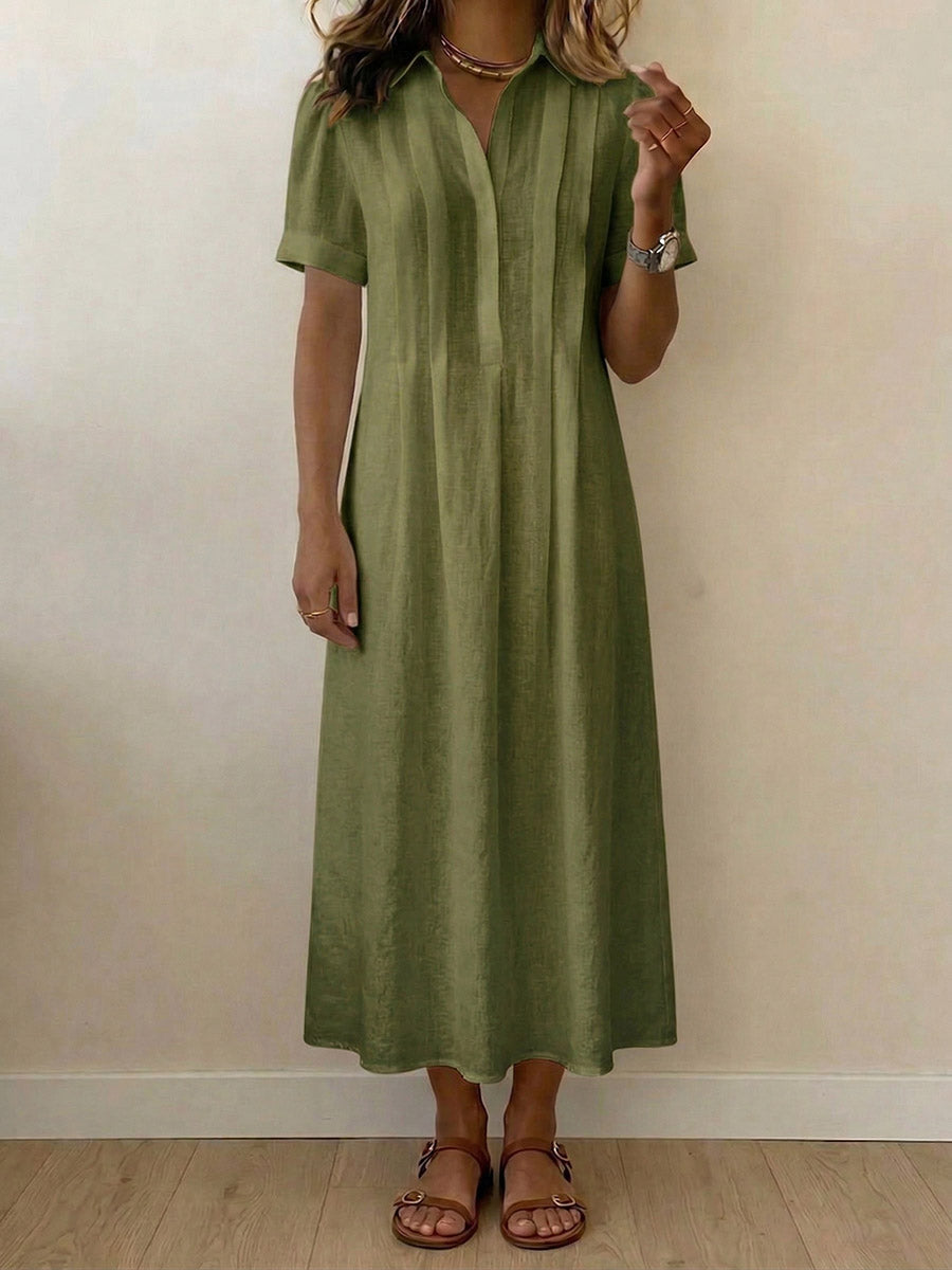 Women's Solid-color Short-sleeve Pleated Cotton-linen Dress With Shirt Collar