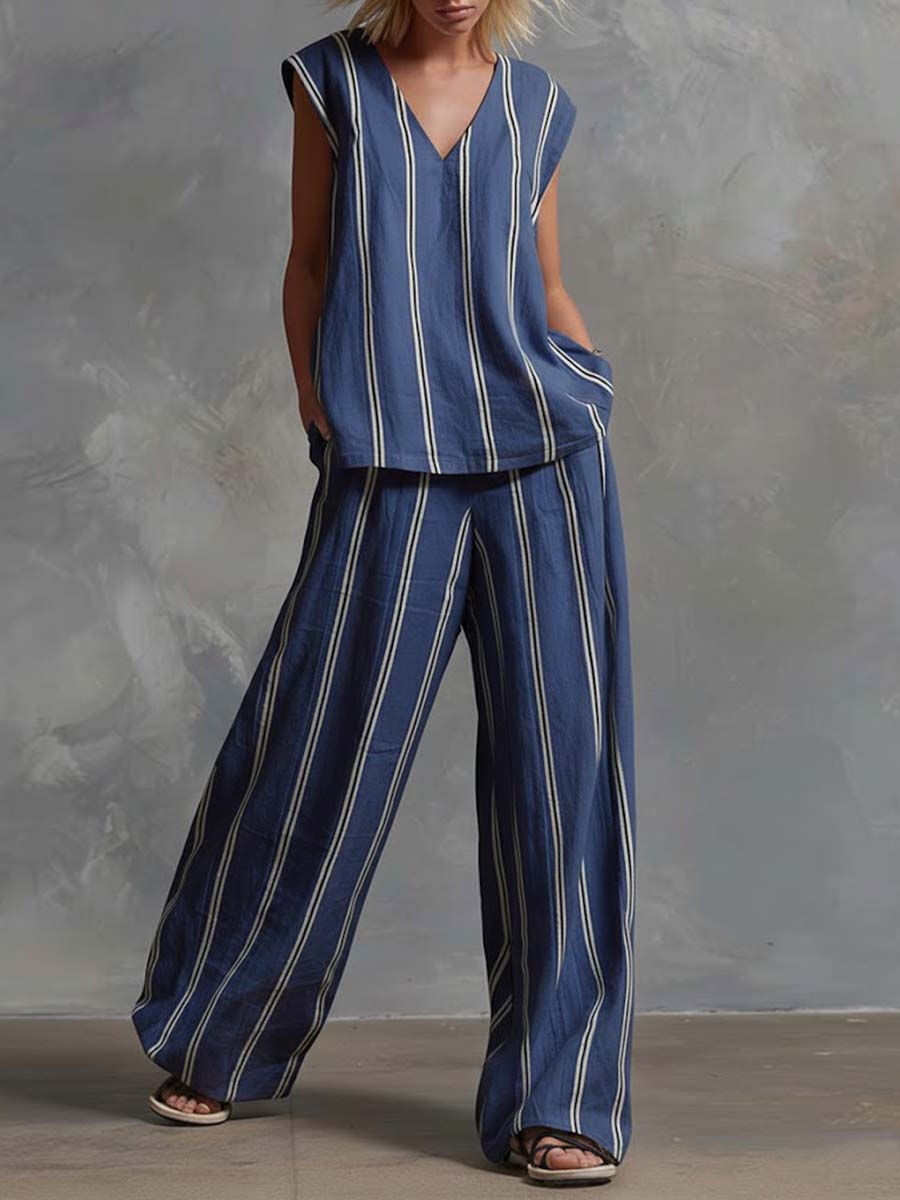 Women's V-neck Sleeveless Cotton Top High-waisted Casual Loose Cotton Wide-leg Pants Set