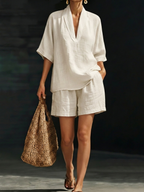 Minimalist Cozy V-neck Shirt And Shorts Linen Cotton Two-piece Set