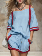 Women's Off-shoulder 3/4-sleeve Casual Loose Cotton Top & Elastic-waist Wide-leg Shorts Cotton Set