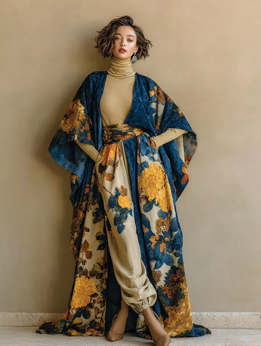 Women's Elegant Red Vintage Printed Robe Pants Set