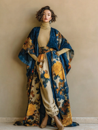 Women's Elegant Red Vintage Printed Robe Pants Set
