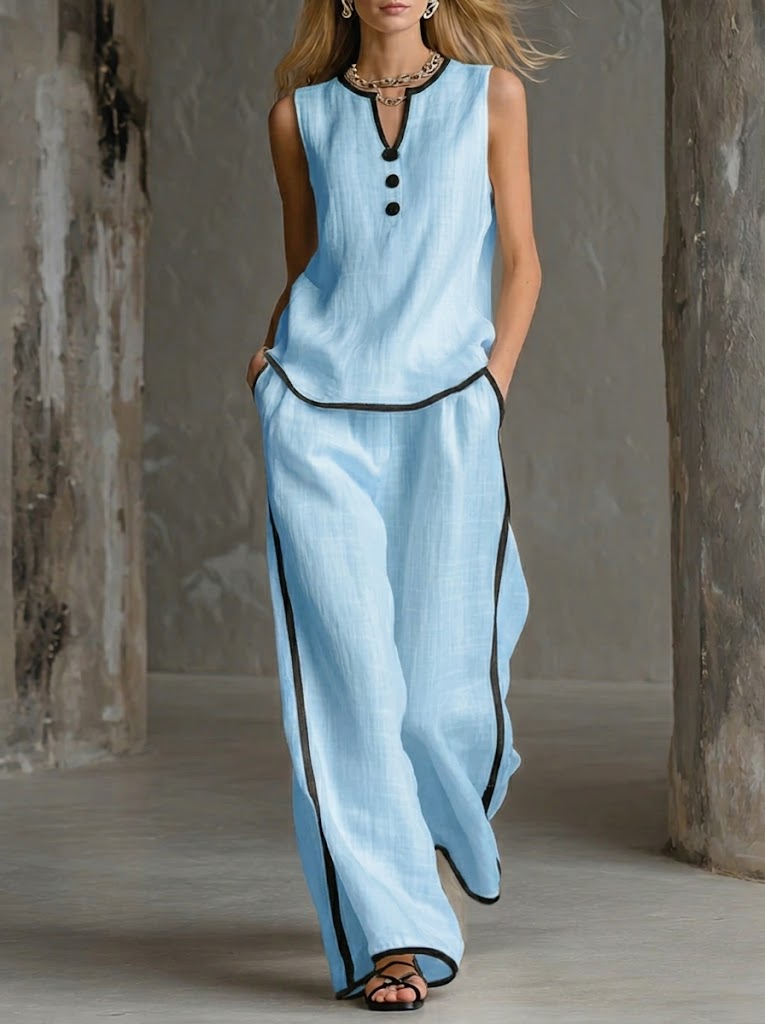 Cozy Black-trimmed Linen And Cotton Sleeveless Top And Pants Two-piece Set