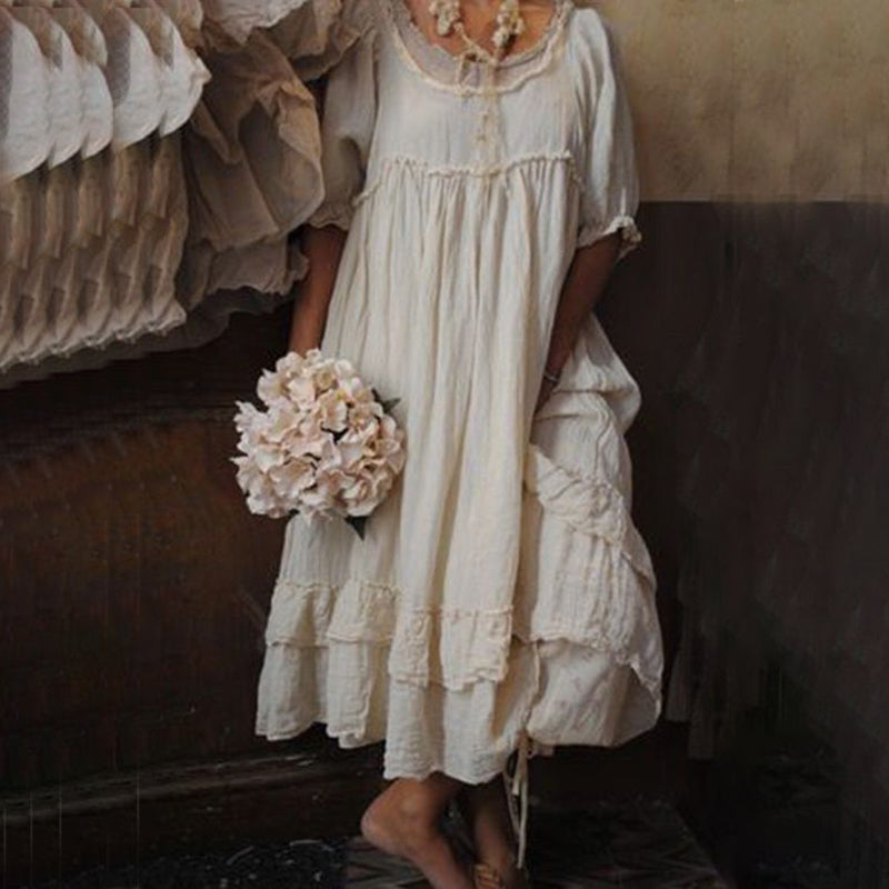 Vintage Cotton Linen Layer Ruffle Edge Comfy Maxi Dress