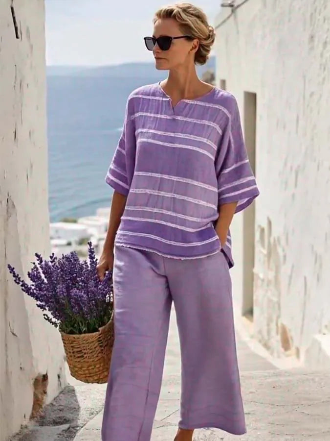 Women'S Loose Striped Printed Wide Leg Pants Set