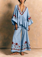 Bohemian Linen And Cotton Two-piece Top And Pants Set