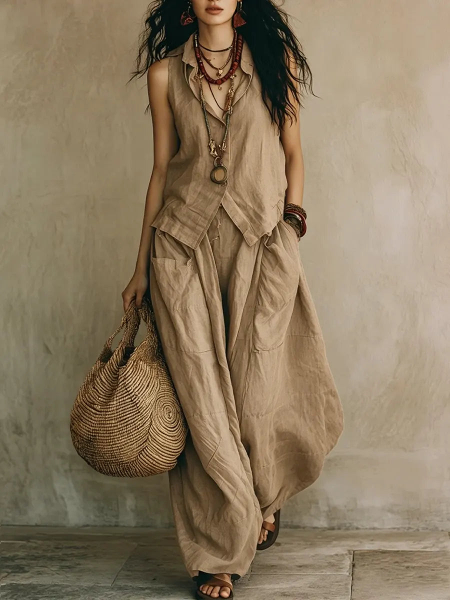 Women's Relaxed Sleeveless Simple Cotton-linen Wide-leg Pants Set