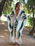 Women's Green Paintbrush Symphony Linen V-Neck Long Maxi Dress Gown