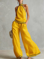Women's Stand-up Collar Sleeveless Casual Loose Cotton And Linen Top With Elastic Waist And Wide-leg Pants Cotton And Linen Set