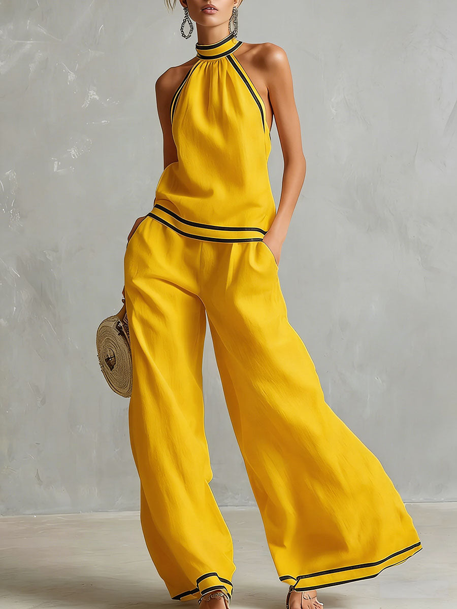 Women's Stand-up Collar Sleeveless Casual Loose Cotton And Linen Top With Elastic Waist And Wide-leg Pants Cotton And Linen Set