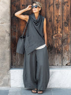 Casual Cowl-neck Linen & Cotton Top And Wide-leg Pants Two-piece Set