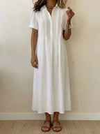 Women's Solid-color Short-sleeve Pleated Cotton-linen Dress With Shirt Collar