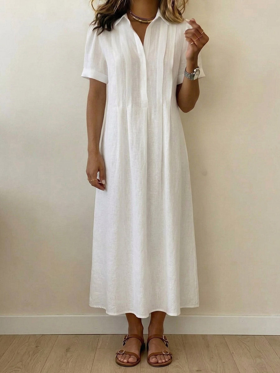 Women's Solid-color Short-sleeve Pleated Cotton-linen Dress With Shirt Collar