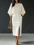 Women's Round Neck Loose Sleeve Casual Loose Cotton Linen Top And High Waist Casual Loose Long Skirt Cotton Linen Set