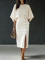 Women's Round Neck Loose Sleeve Casual Loose Cotton Linen Top And High Waist Casual Loose Long Skirt Cotton Linen Set