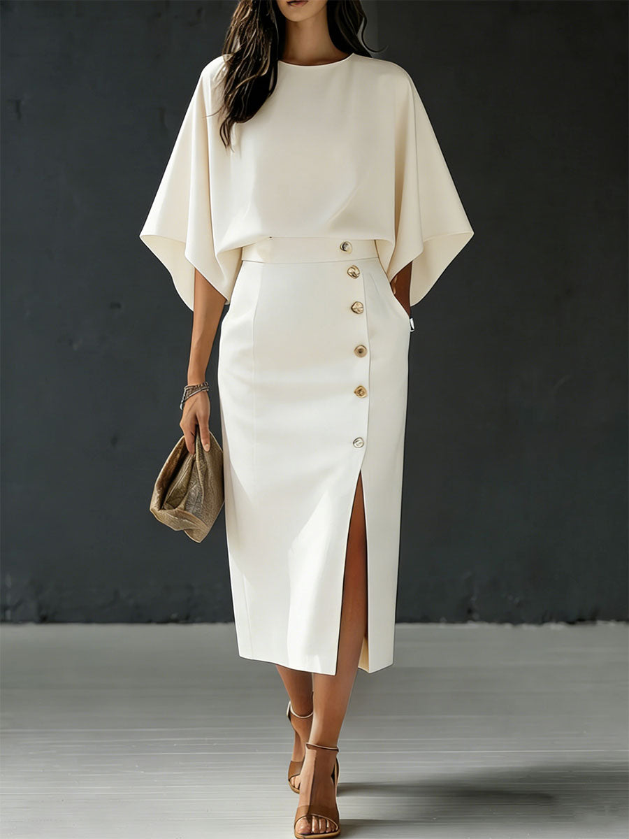 Women's Round Neck Loose Sleeve Casual Loose Cotton Linen Top And High Waist Casual Loose Long Skirt Cotton Linen Set
