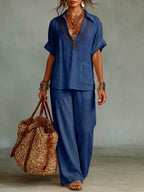 Casual Linen And Cotton Shirt And Trousers Two-piece Set