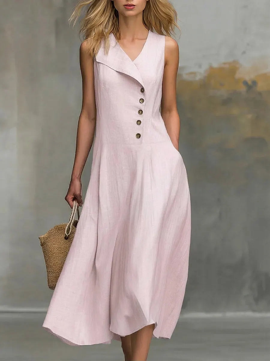 Women's Solid-color V-neck Sleeveless Casual Loose Cotton-linen Dress