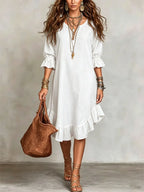 Women's Casual Loose-fitting Round Neck Ruffles Linen And Cotton Short-sleeved Dress