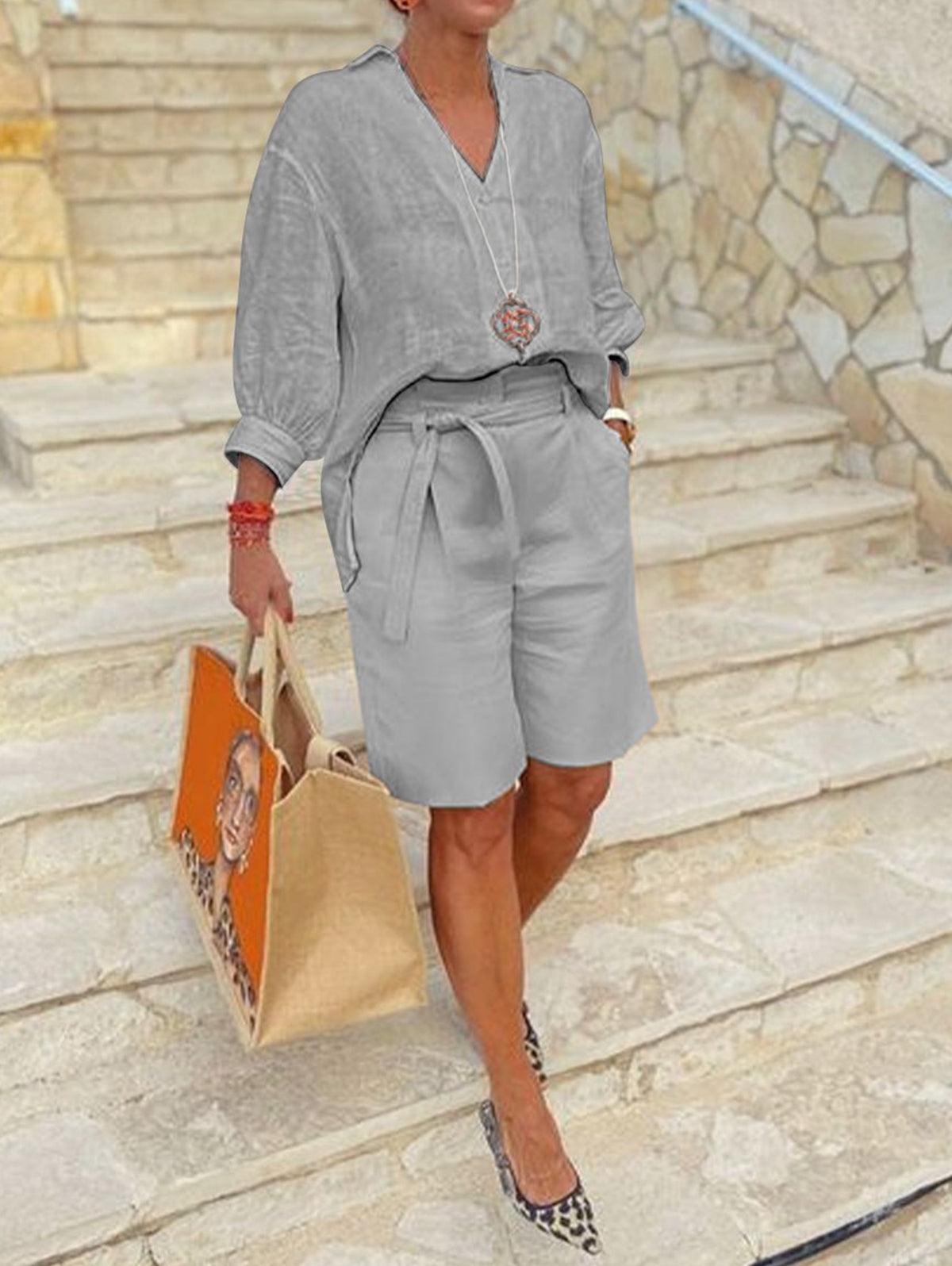Women's V Neckline Puff Sleeve Top And Belted Shorts Set