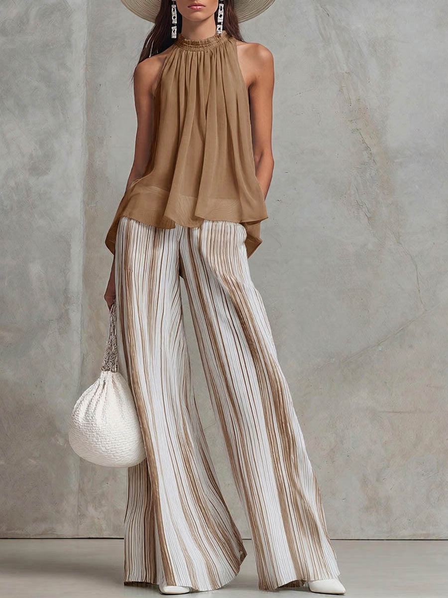 Women's Solid-color Stand-collar Sleeveless Loose-fit Top & High-waisted Loose-fit Striped Cotton-linen Wide-leg Pants Set