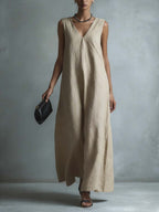 Women's Casual V-neck Sleeveless Cotton Linen Dress
