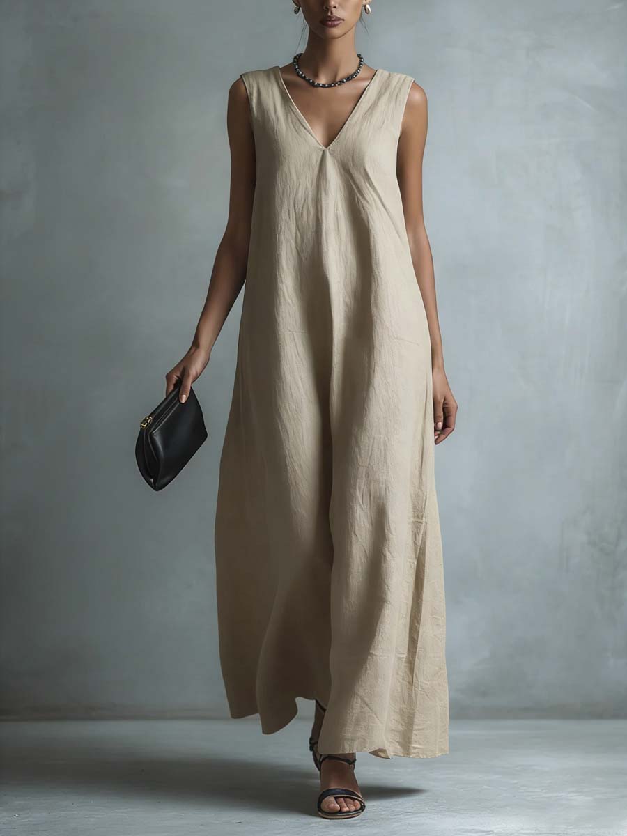 Women's Casual V-neck Sleeveless Cotton Linen Dress