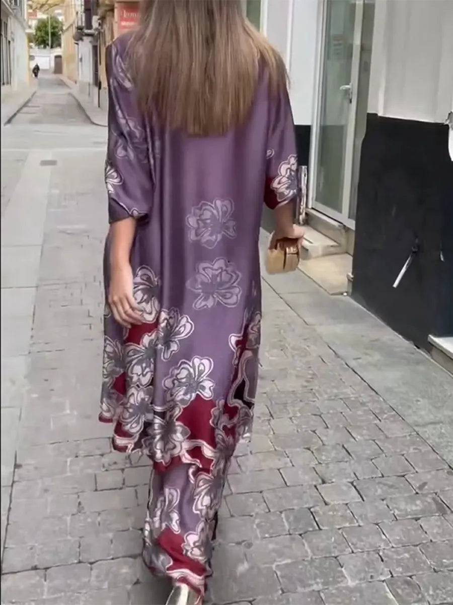 Loose And Cozy Floral-print Long Shirt And Pants Two-piece Set