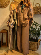 Women's Casual Cotton-linen Set: Abstract Print Shirt-collar Long-sleeve Loose Top & Elastic-waist Wide-leg Pants